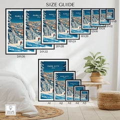 Size guide for Park City Ski Art Print showcased in various frame sizes against a cozy home decor setting.