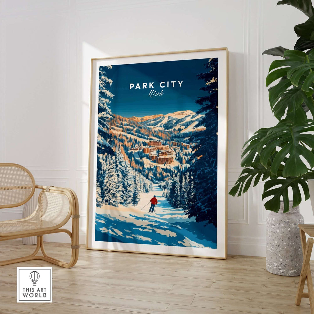 Park City ski art print showcasing a snowy landscape and skier, perfect for mountain and ski enthusiasts' home decor.