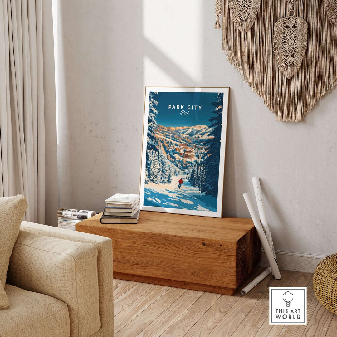 Park City ski art print displayed in a cozy home interior, highlighting the beauty of Utah's mountain landscapes.