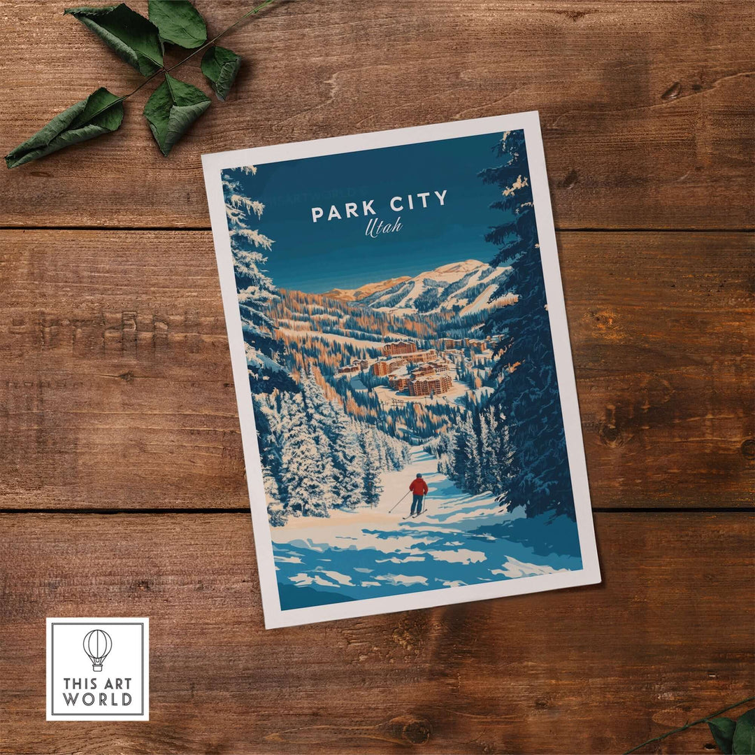 Park City Ski Art Print showcasing a scenic winter landscape with a skier, perfect for mountain and ski enthusiasts.