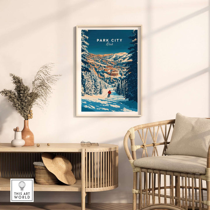 Park City Ski Art Print showcasing a skier in a snowy mountain landscape, perfect for home decor enthusiasts.