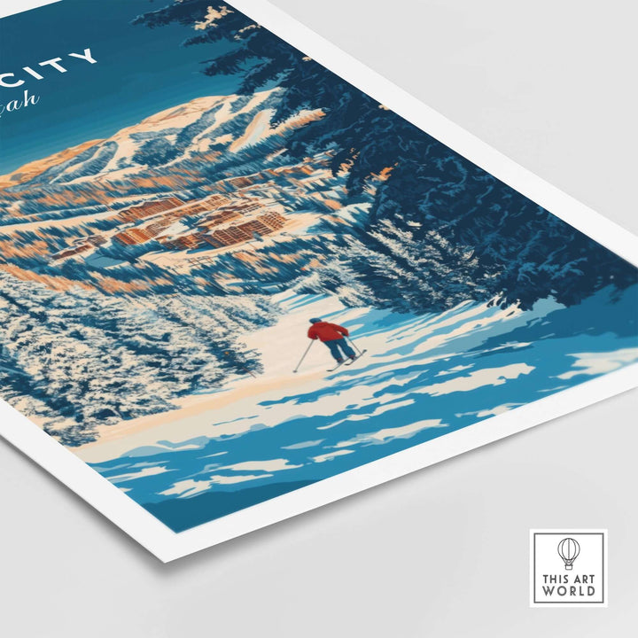 Park City Ski Art Print featuring a skier on snowy slopes surrounded by majestic mountains in Utah. Perfect for ski enthusiasts.