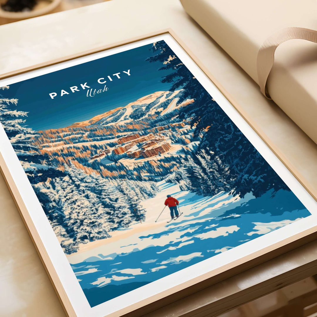 Park City Ski Art Print featuring a skier in a snowy mountain landscape of Park City, Utah, perfect for home decor.