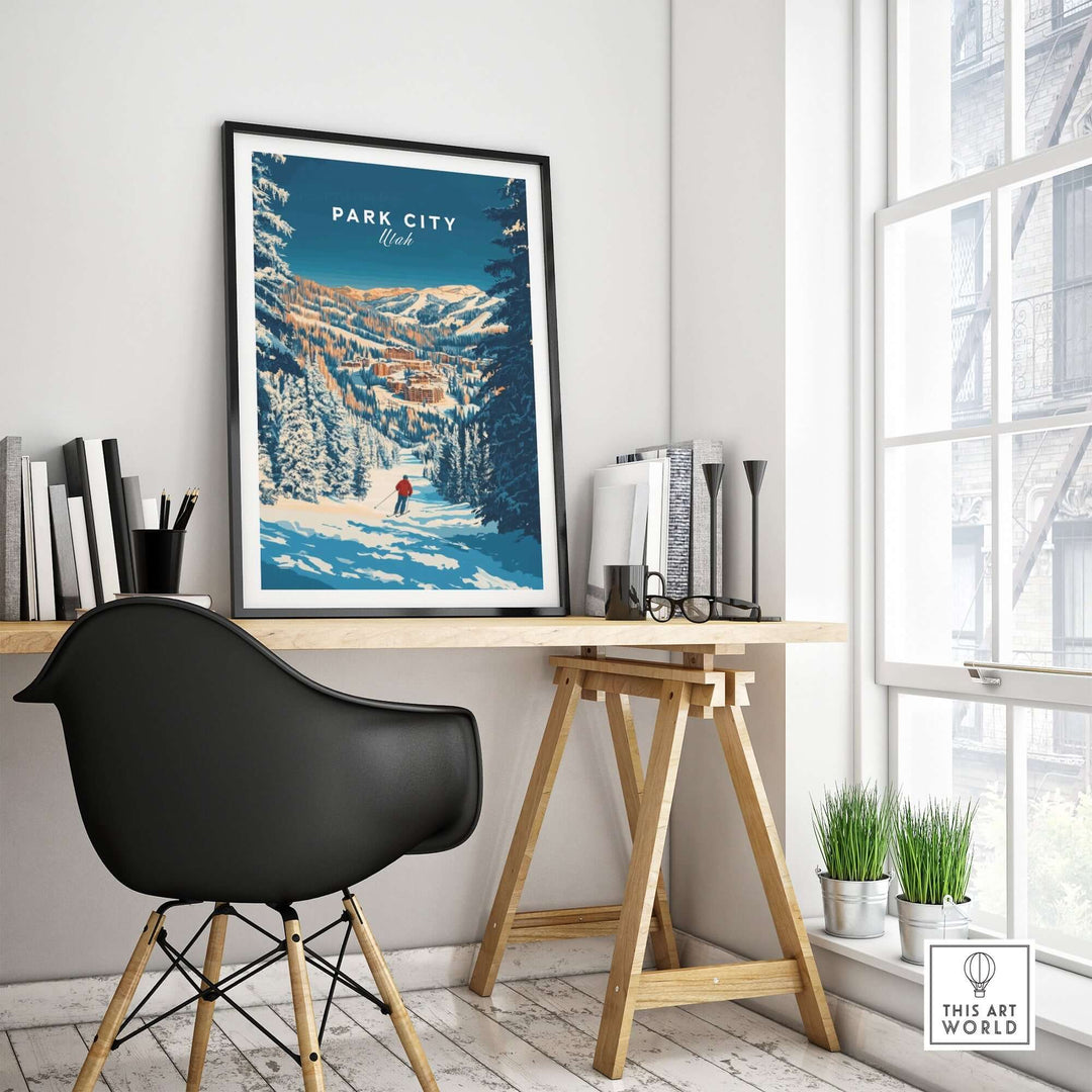 Park City Ski Art Print displayed on a stylish desk in a modern room, showcasing snowy mountains and a skier.