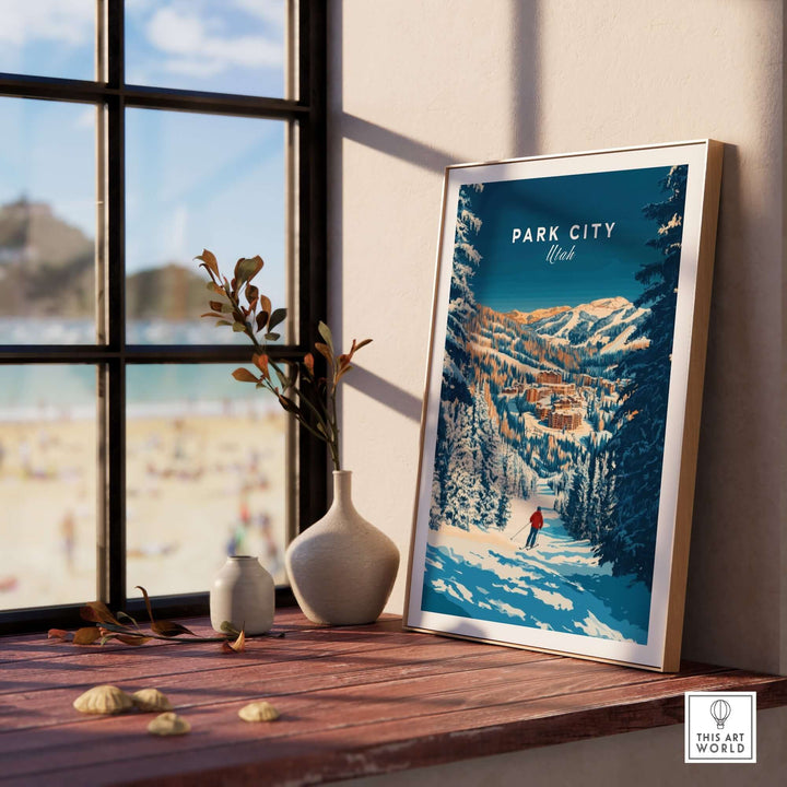 Scenic Park City ski art print framed by a window, featuring winter landscapes and a skier in snowy mountains.