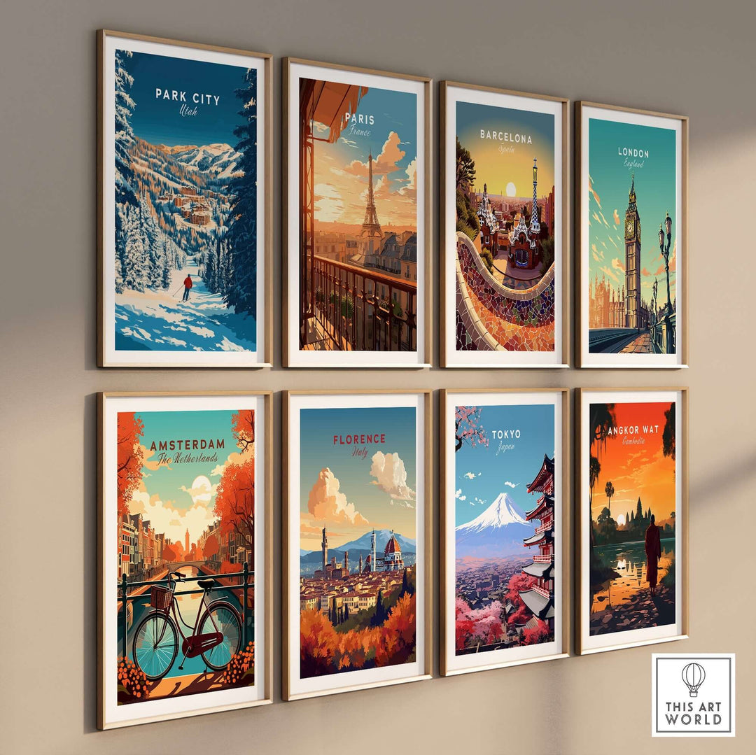 Gallery wall featuring vibrant travel-themed art prints including Park City, Paris, Barcelona, and more.