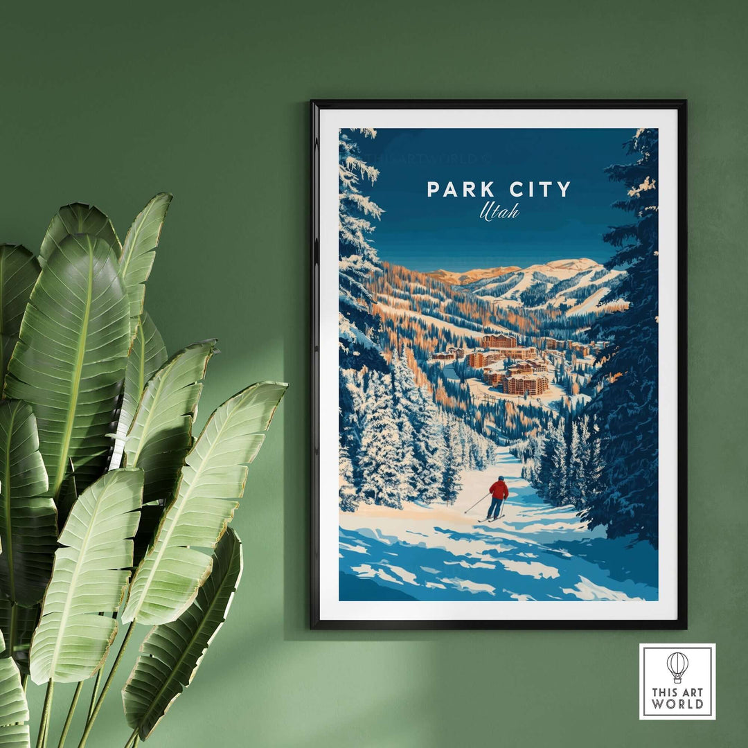 Park City Ski Art Print featuring a skier on a snowy slope surrounded by majestic mountains and trees. Perfect for home decor.