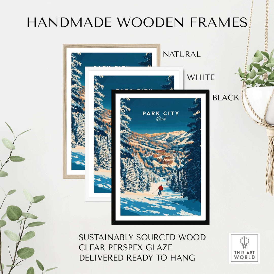 Handmade wooden frames in natural, white, and black featuring Park City ski art print, made from sustainably sourced wood.