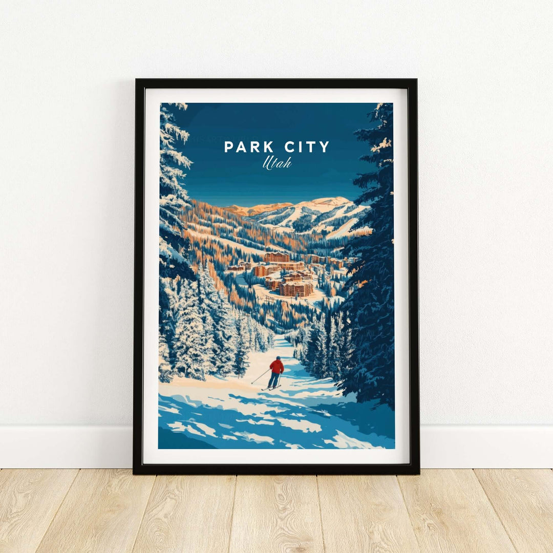 Park City ski art print showcasing a skier in a stunning snowy landscape of Utah's mountains. Perfect for home decor.