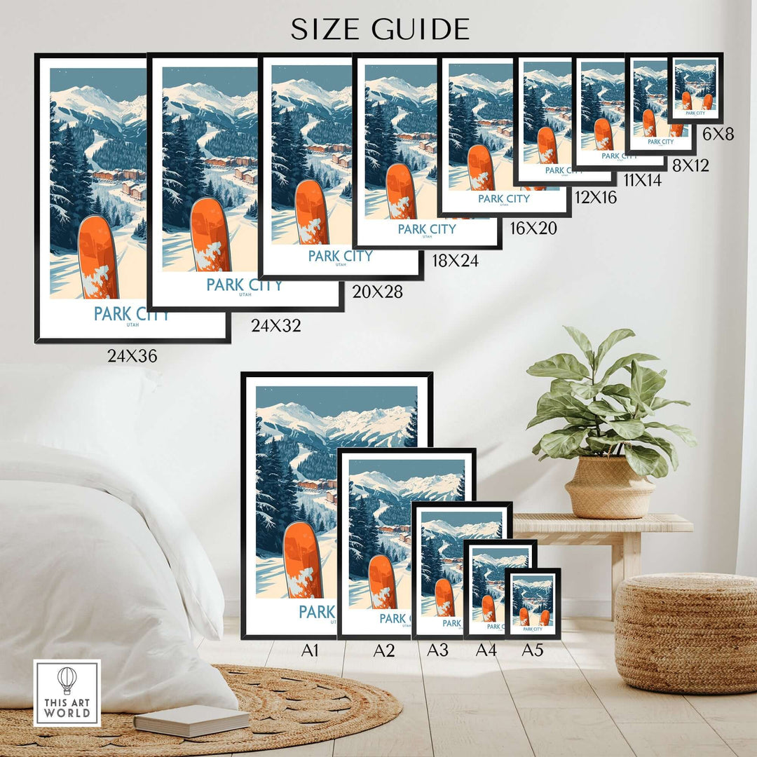 Size guide showcasing various dimensions for the Park City Ski Poster in a cozy home setting with decor.