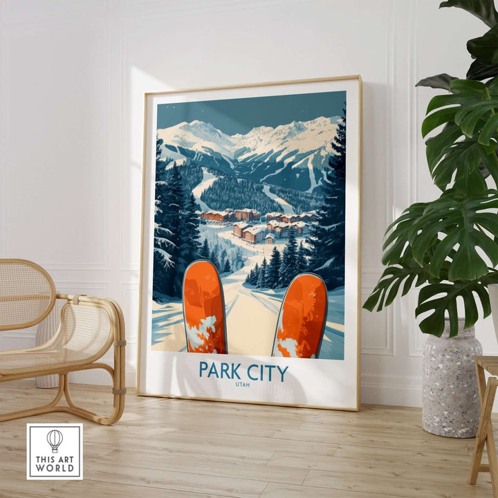 Park City ski poster featuring orange skis in the foreground with snowy mountains and a cozy town in the background.