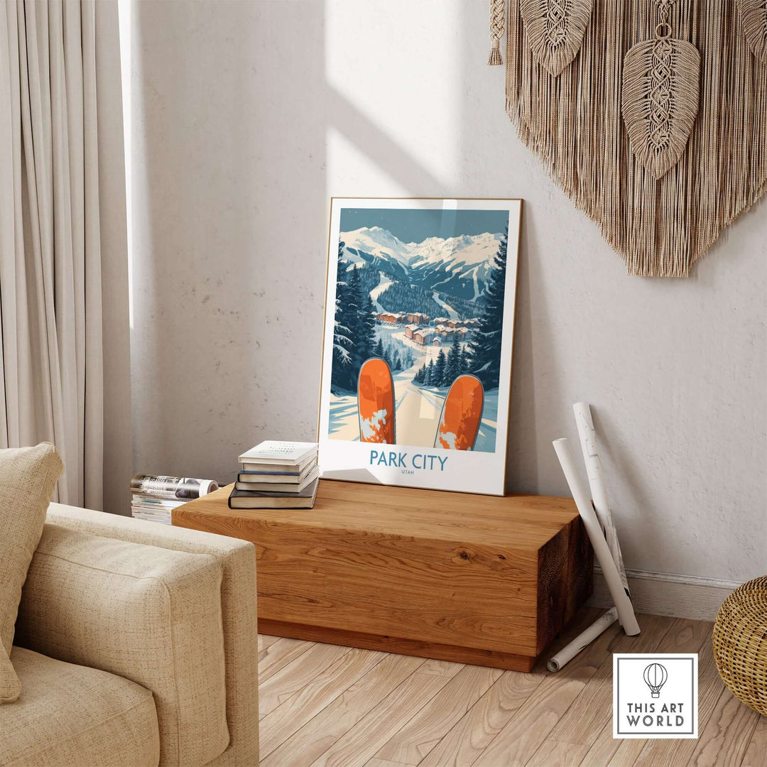 Park City Ski Poster displayed in a cozy living room, showcasing beautiful snowy mountain scenery and vibrant ski design.