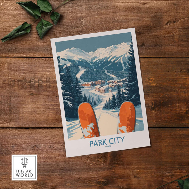 Park City Ski Poster featuring snowy mountains and orange skis on a rustic wooden background. Perfect for ski enthusiasts' decor.