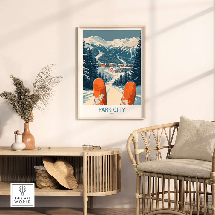 Park City Ski Poster displayed in a cozy living room, showcasing snowy mountains and vibrant ski gear. Perfect for ski enthusiasts.