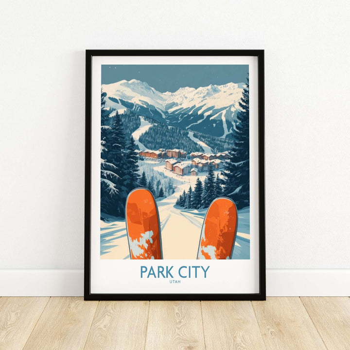 Park City Ski Poster featuring orange skis in a snowy mountain landscape, perfect decor for ski enthusiasts.