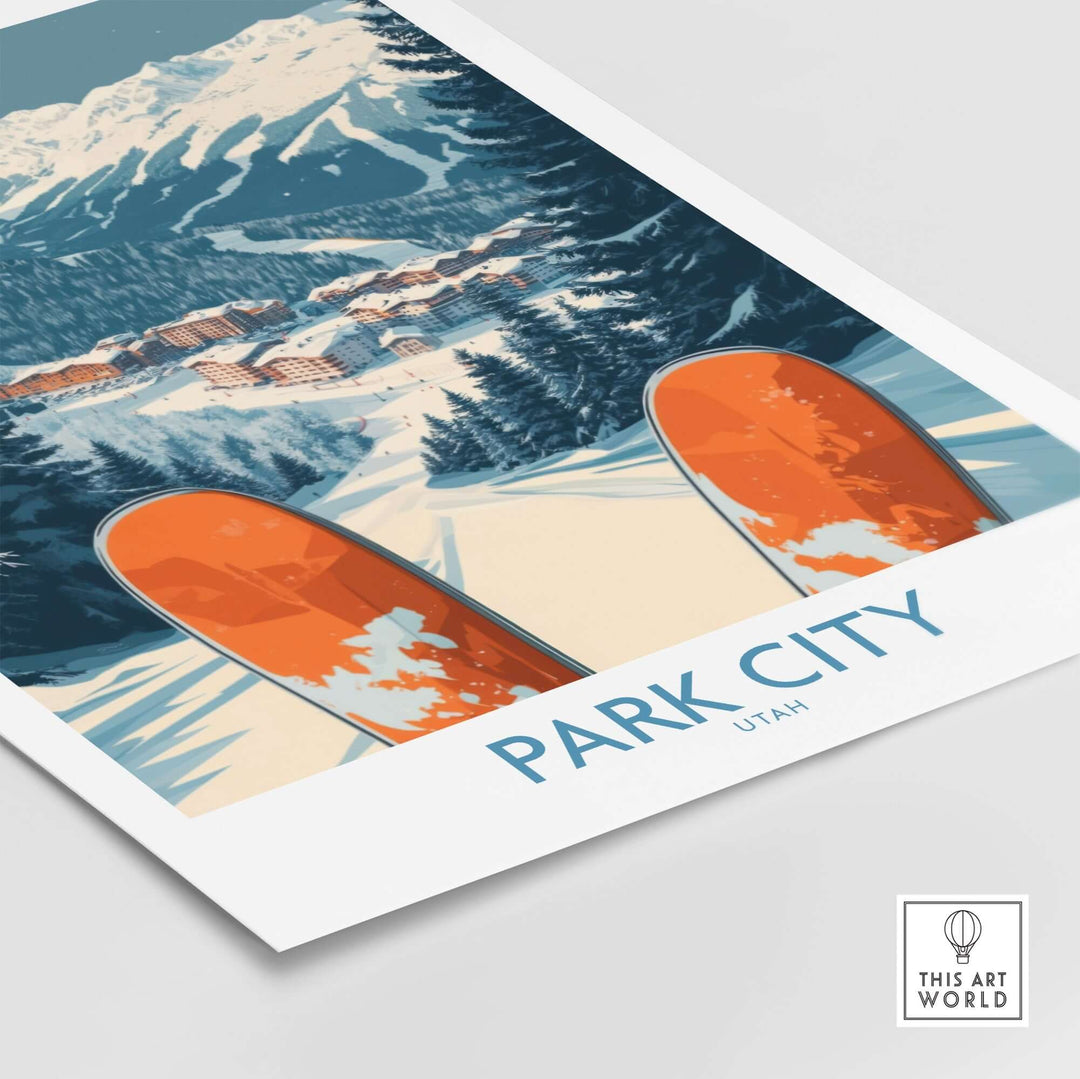 Park City ski poster featuring snowy mountains and vibrant orange skis, perfect for ski enthusiasts' home decor.