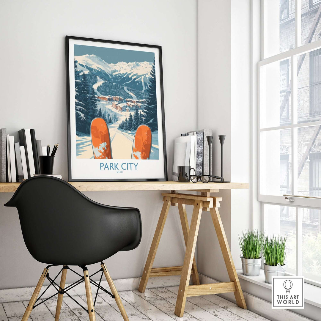 Park City ski poster featuring snow-covered mountains and bright orange skis, displayed in a stylish home office setting.