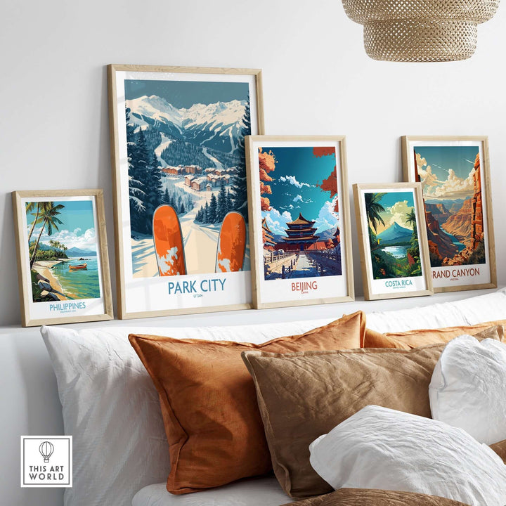 Gallery of travel posters including Park City, showcasing beautiful landscapes and ski themes, perfect for home decor.