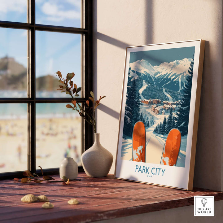 Park City ski poster displayed on a windowsill, showcasing snowy mountains and vibrant ski gear, adding charm to any space.