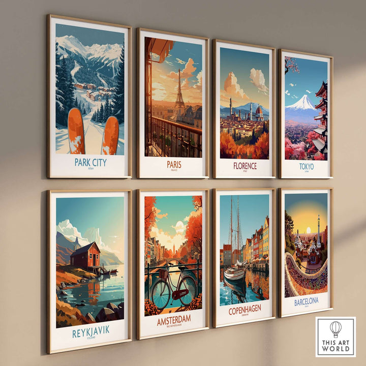 Collection of travel posters showcasing Park City, Paris, Florence, Tokyo, Reykjavik, Amsterdam, Copenhagen, and Barcelona.