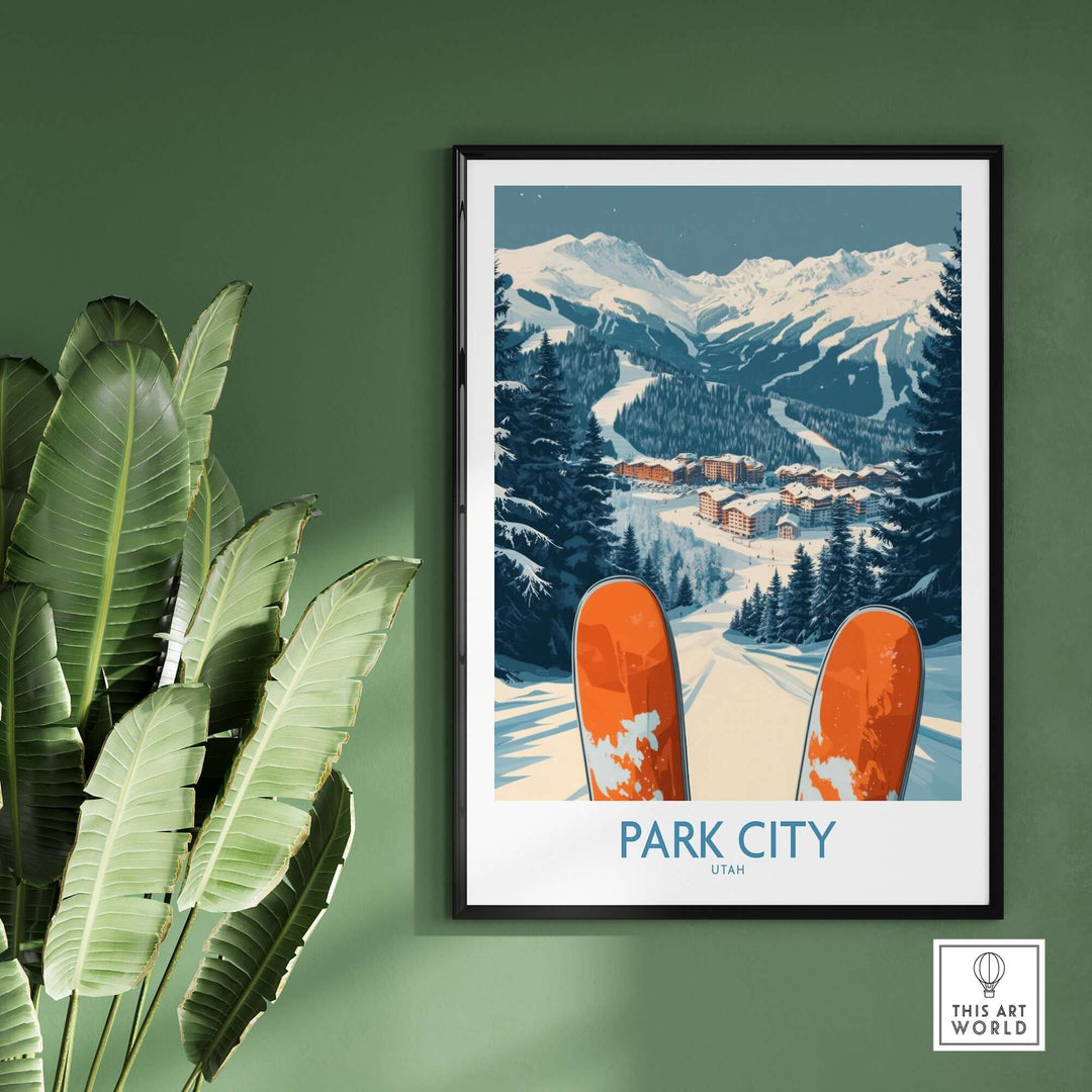 Park City ski poster on a green wall with ski tracks and snowy mountains, perfect for ski enthusiasts.