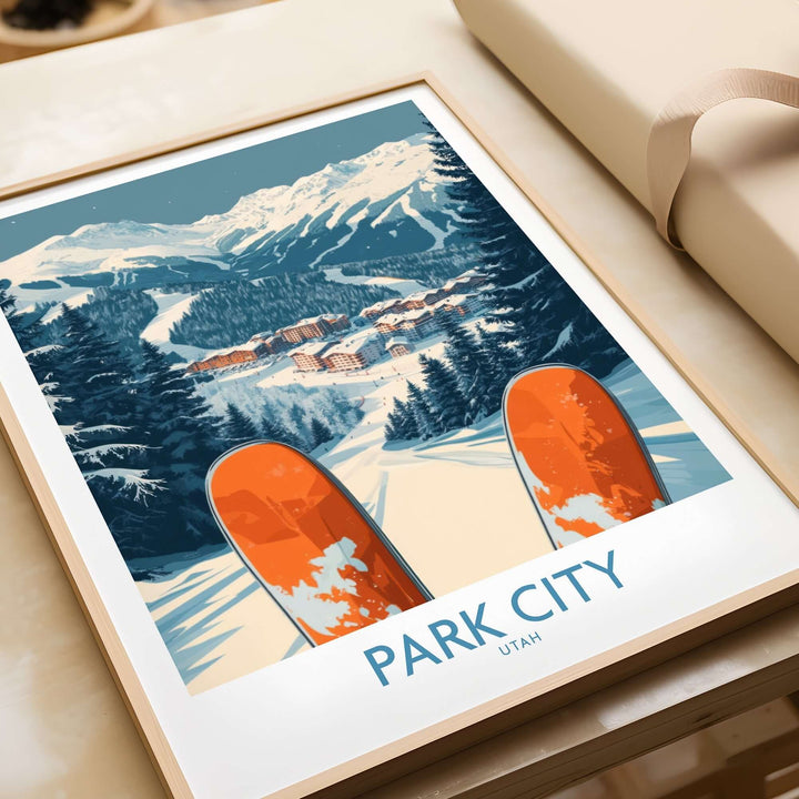 Park City ski poster featuring orange skis and snowy mountains in a beautiful design, perfect for ski enthusiasts.