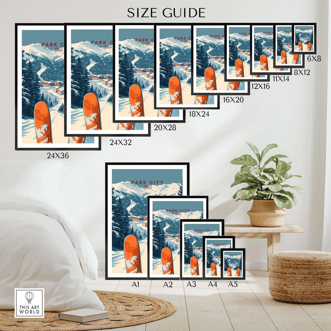 Park City Ski Print size guide showcasing various framed sizes against a stylish home interior backdrop.