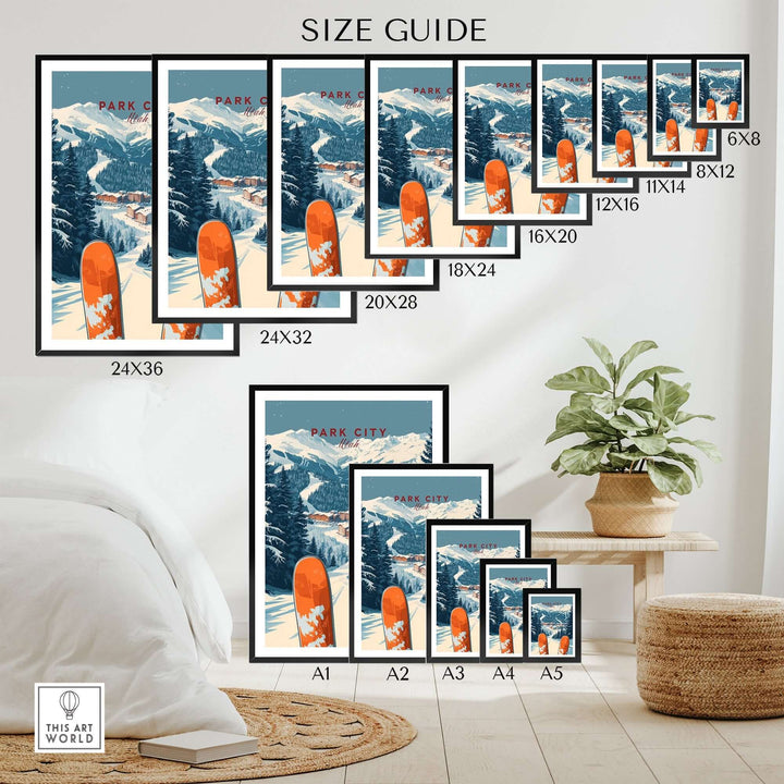 Park City Ski Print size guide showcasing various framed sizes against a stylish home interior backdrop.