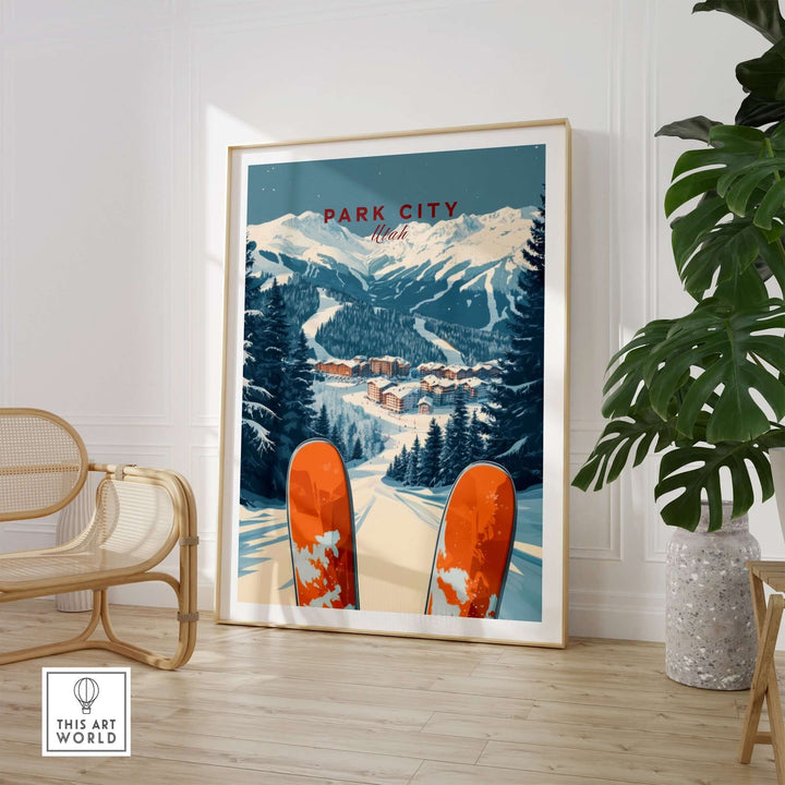 Park City Ski Print showcasing vibrant mountain views and ski slopes in a stylish interior setting.