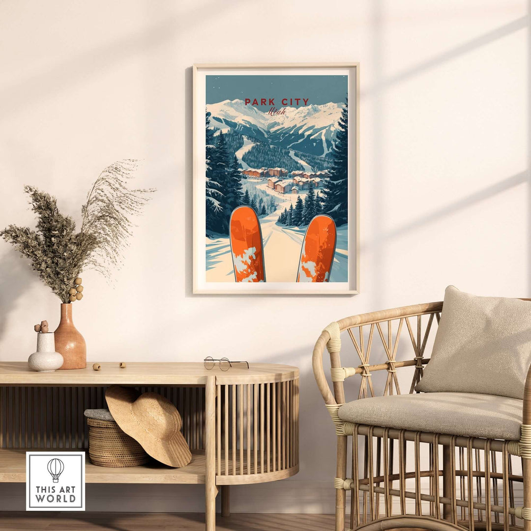 Park City Ski Print showcasing vibrant slopes and mountain views, ideal for home decor in living rooms or offices.