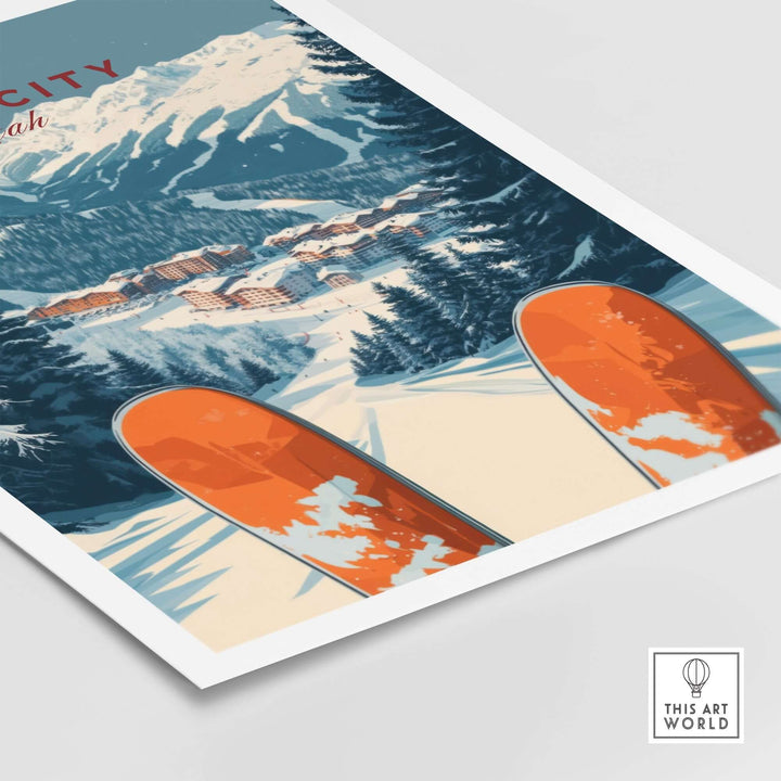 Park City Ski Print featuring vibrant orange skis and stunning mountain scenery, perfect for home or office decor.