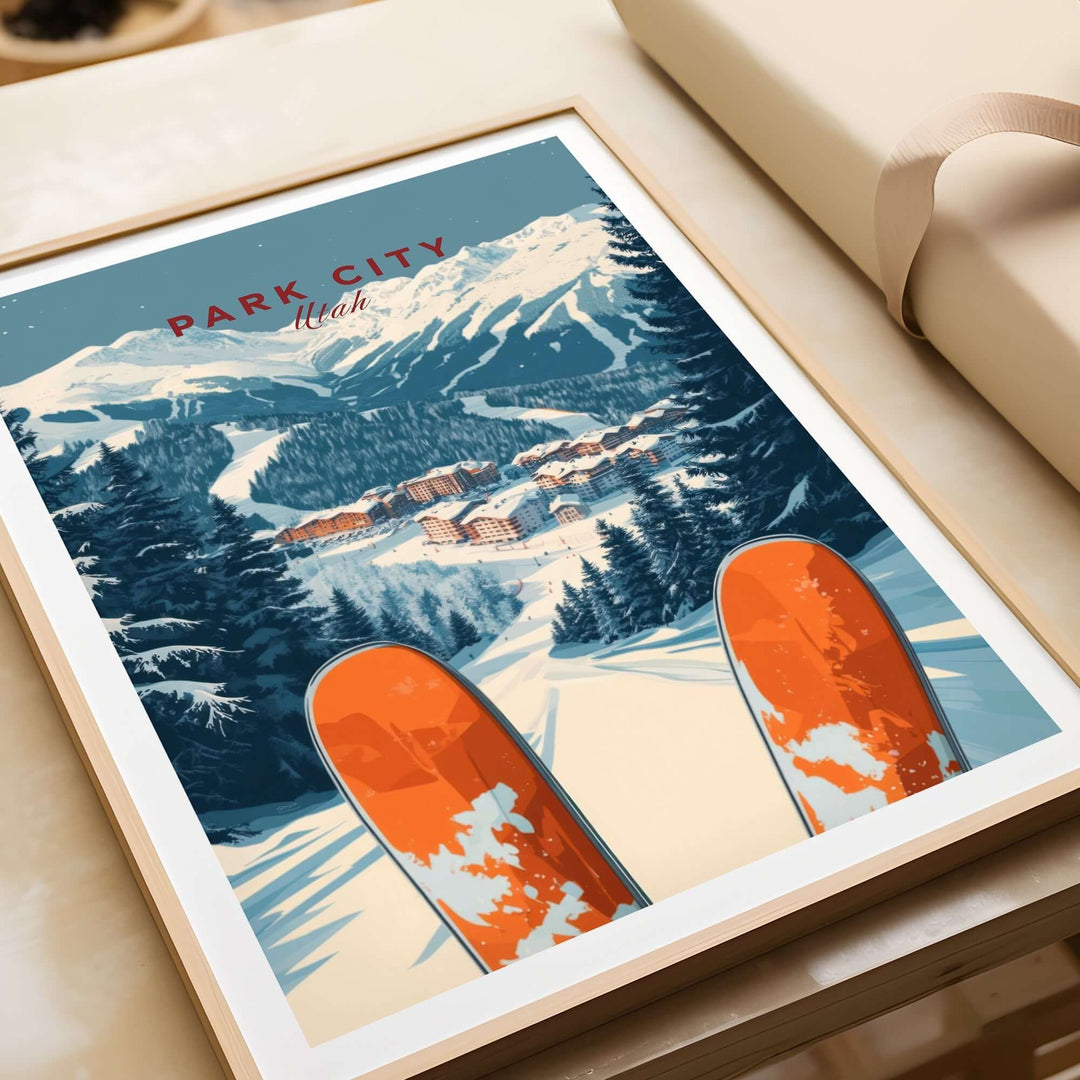 Park City Ski Print featuring vibrant slopes, mountain views, and framed artwork ideal for home or office decor.