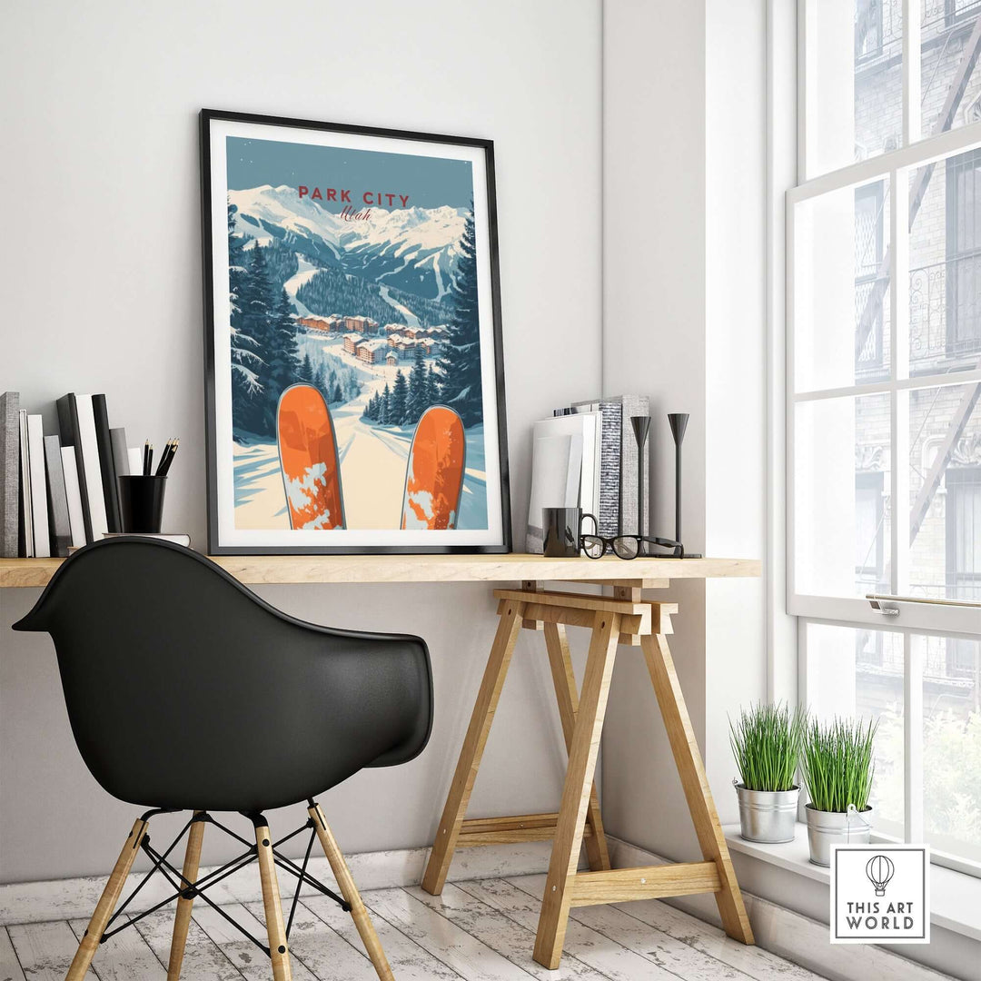 Park City Ski Print showcasing vibrant mountain views and ski slopes, perfect for home decor in living rooms or offices.