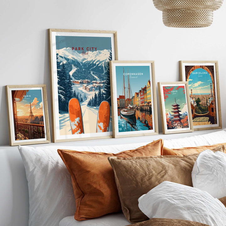 Park City Ski Print displayed among travel-themed artwork on a stylish living room shelf.