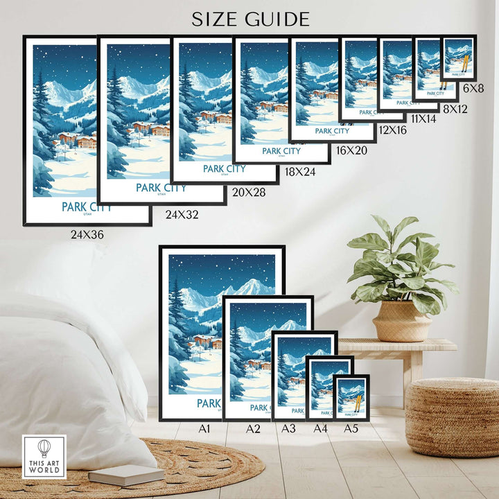 Park City Ski Wall Art Poster size guide displayed in a stylish living room with plant decor.