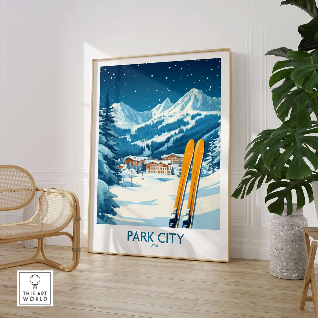 Park City ski wall art poster featuring snowy mountains and vibrant skis, perfect for ski lovers' home decor.