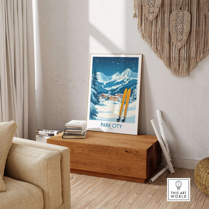 Park City ski wall art poster displayed in a cozy interior, capturing the beauty of snowy mountains and ski equipment.