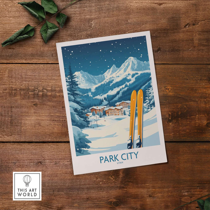 Park City ski wall art poster featuring snowy mountains and vintage ski equipment, perfect for ski enthusiasts to decorate their home.