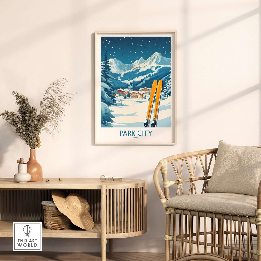 Park City ski wall art poster showcasing snowy mountains and skis in a cozy home setting. Perfect for ski enthusiasts.