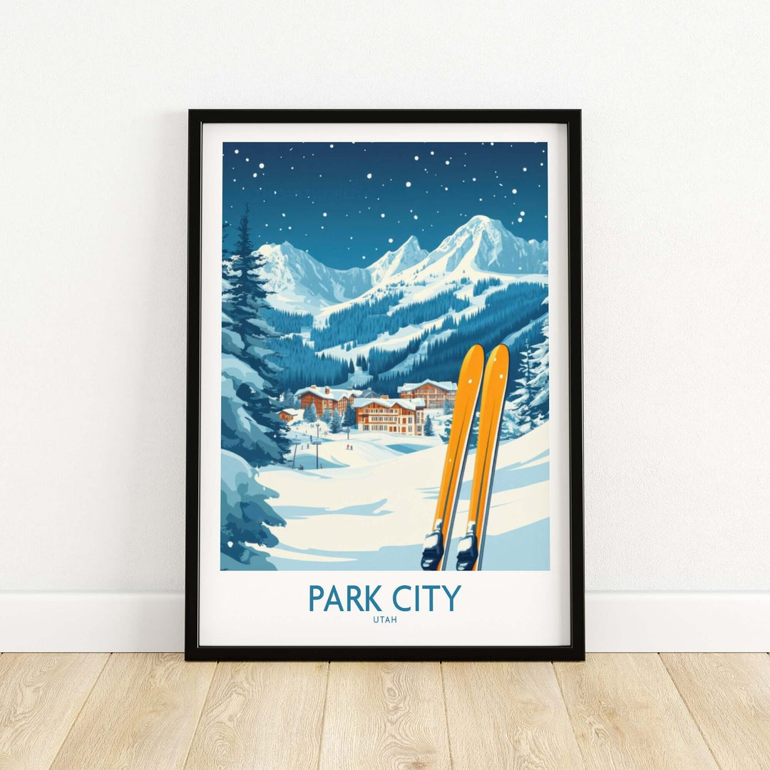 Park City ski wall art poster showcasing snowy mountains and ski gear, perfect for ski enthusiasts and home decor.