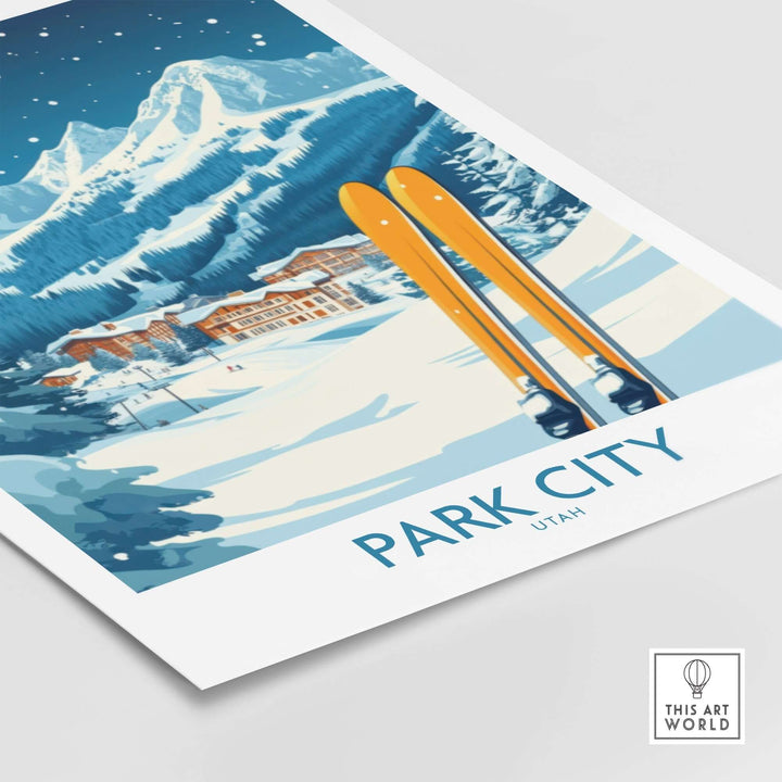 Park City ski wall art poster with vibrant orange skis and snowy mountains in Utah, perfect for ski enthusiasts.