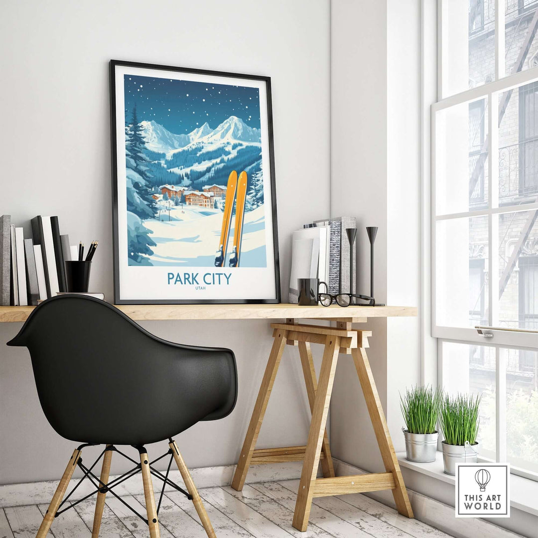 Park City Ski Wall Art Poster displayed in a stylish home office setting, highlighting snowy mountains and ski gear.