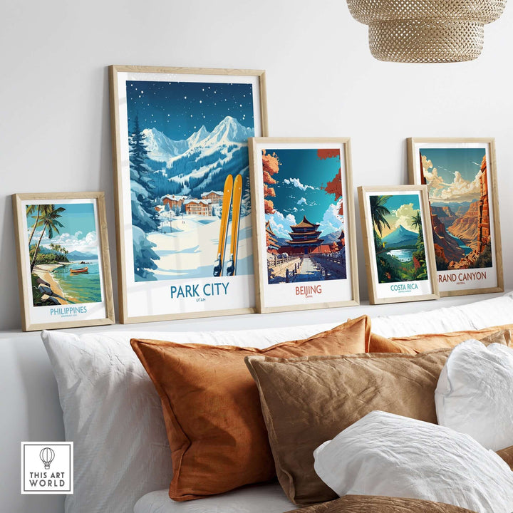 Park City Ski Wall Art Poster alongside travel-themed posters on a stylish wall decor setting. Perfect for ski lovers.