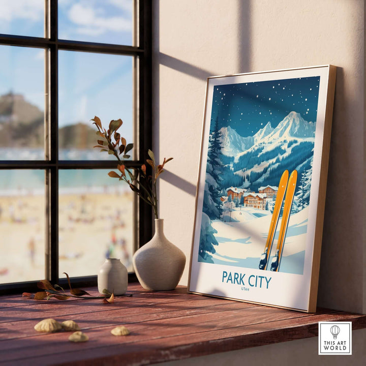 Park City ski wall art poster displayed indoors, featuring snowy mountains and vibrant skis, perfect for ski lovers' decor.