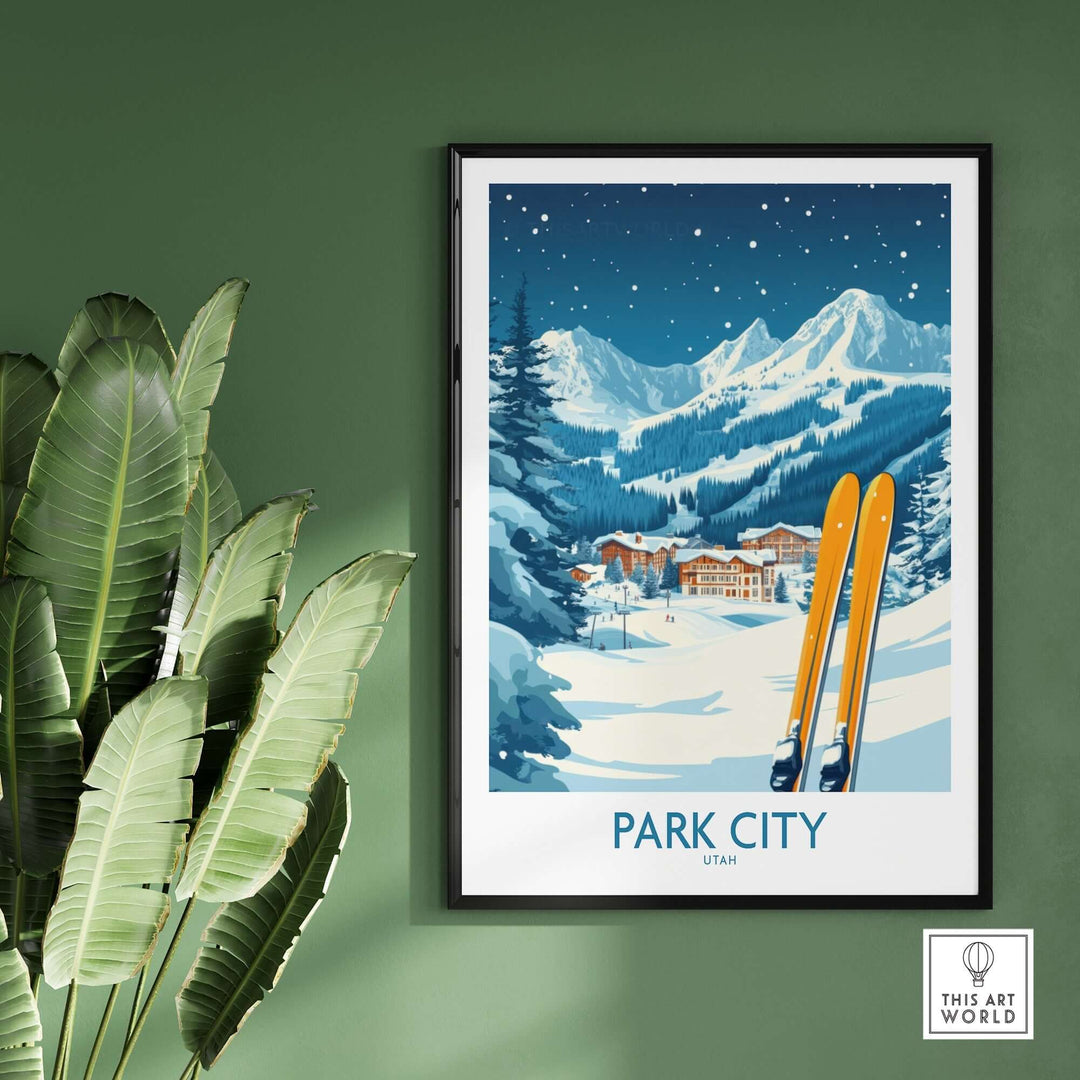 Park City ski wall art poster showcasing snowy mountains and ski gear, perfect for ski enthusiasts' home decor.