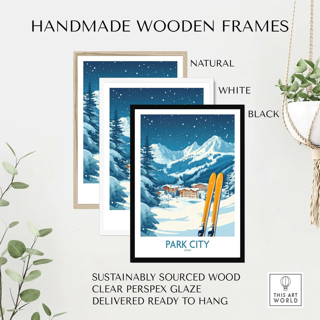 Handmade wooden frames for Park City ski wall art, showcasing natural, white, and black styles. Perfect for home decor.