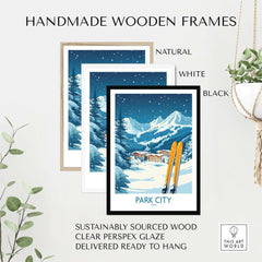 Handmade wooden frames for Park City ski wall art, showcasing natural, white, and black styles. Perfect for home decor.