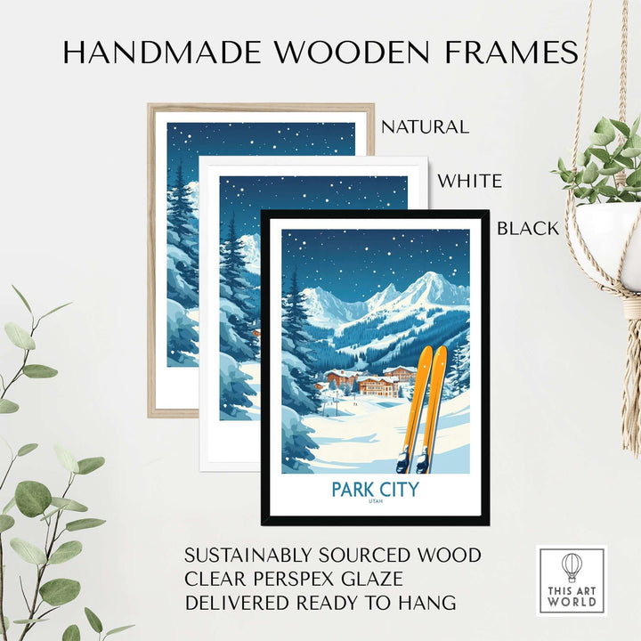 Handmade wooden frames for Park City ski wall art, showcasing natural, white, and black styles. Perfect for home decor.