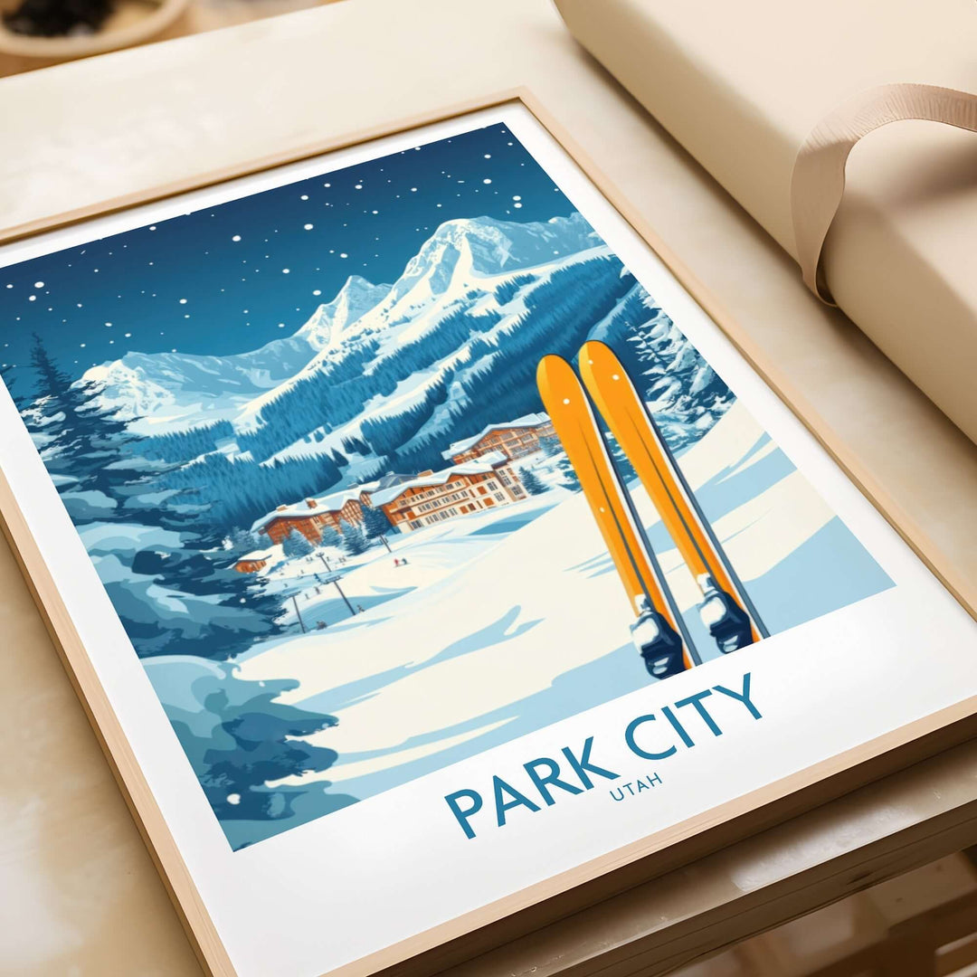 Park City ski wall art poster featuring vibrant skis and snowy mountains, perfect for ski lovers in Utah.