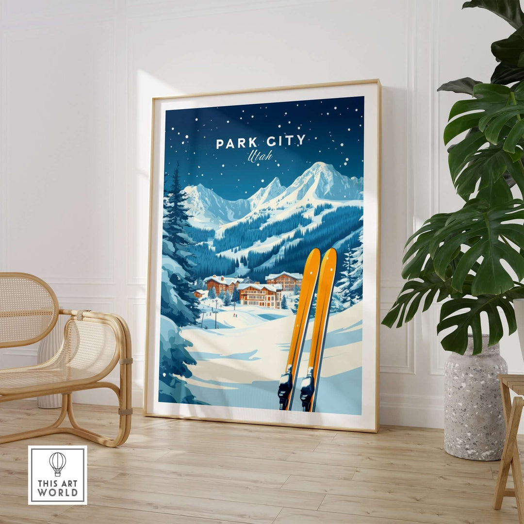 Vibrant Park City ski wall art print featuring snowy mountains and skis, perfect for ski enthusiasts and home decor.